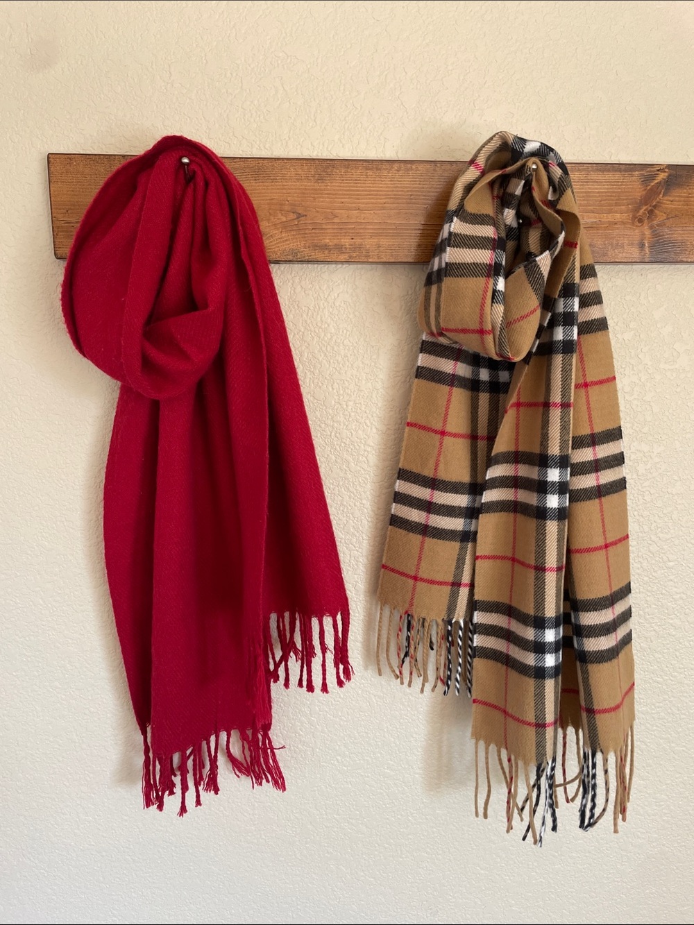Scarf Bundle Lot of 2 Plaid & Red Fringe Scarves Classic Solid Wrap Academia